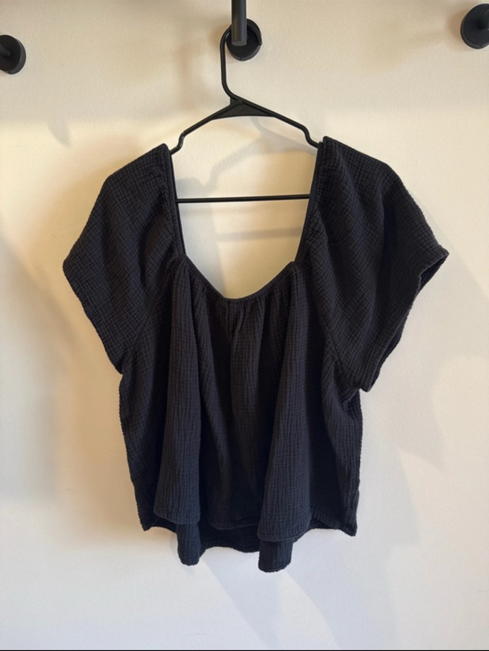 Relaxed Black Textured Short-Sleeve Tunic Top